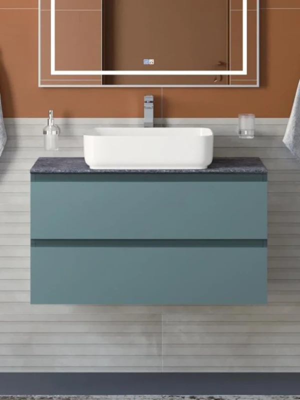Тумба под раковину со столешницей BelBagno Kraft 90 подвесная, матовая голубая, столешница kep-90-grn