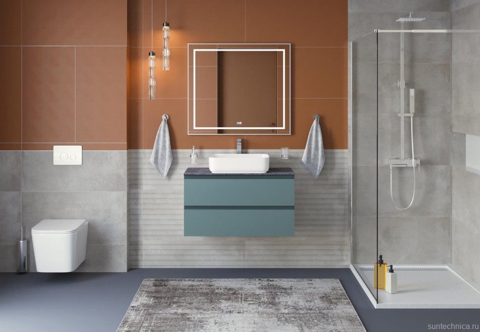 Тумба под раковину со столешницей BelBagno Kraft 90 подвесная, матовая голубая, столешница kep-90-grn