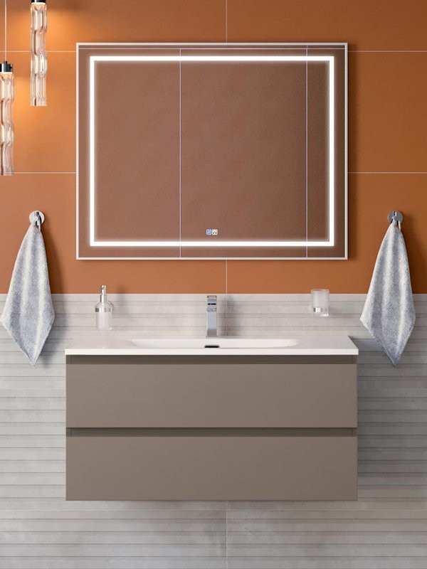 Мебель для ванной комнаты BelBagno Kraft 100 подвесная, матовая бежевая, раковина bb-8099-100