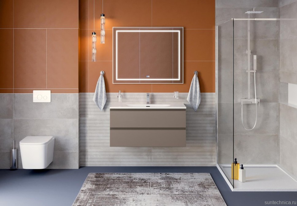 Мебель для ванной комнаты BelBagno Kraft 100 подвесная, матовая бежевая, раковина bb-8099-100