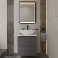 Тумба с раковиной STWORKI Колдинг 60 антрацит, с раковиной Moduo 55 Leaf, столешница белая матовая