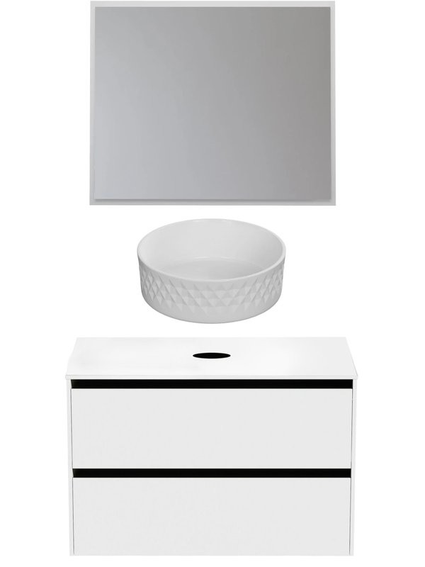 Мебель для ванной комнаты Allen Brau Activity 90 с подсветкой, матовый белый, черный браш, столешница белая, раковина Fantasy Romb 36, белая