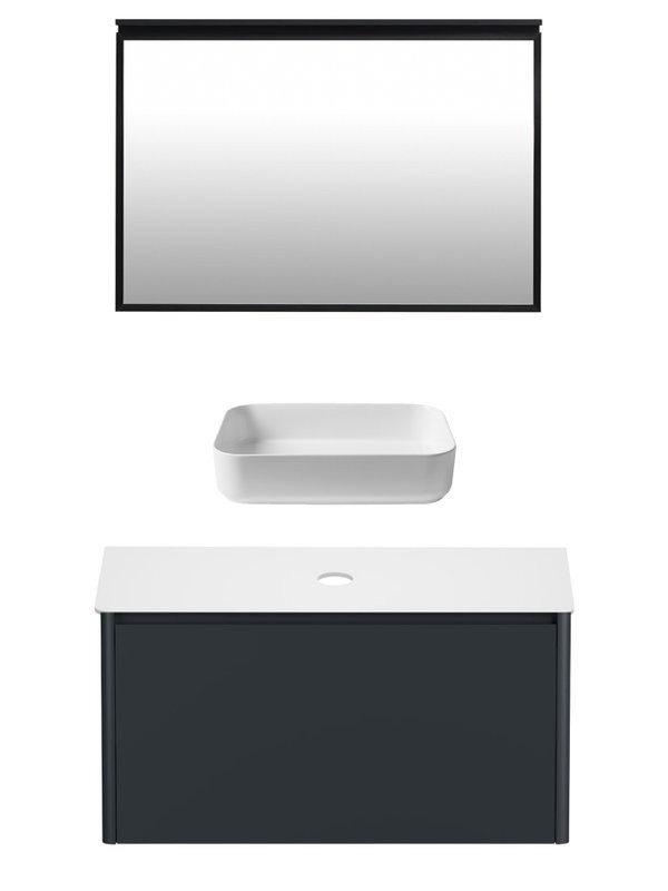 Мебель для ванной комнаты Allen Brau Gravity 100 1 ящик, матовый антрацит, столешница белая, раковина Fantasy Quad 50, белая