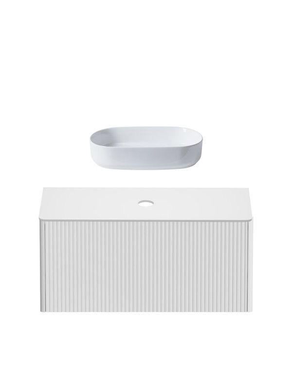 Тумба с раковиной Allen Brau Gravity 100 1 ящик, с фрезеровкой, матовый белый, столешница белая, раковина Fantasy Oval 55, белая
