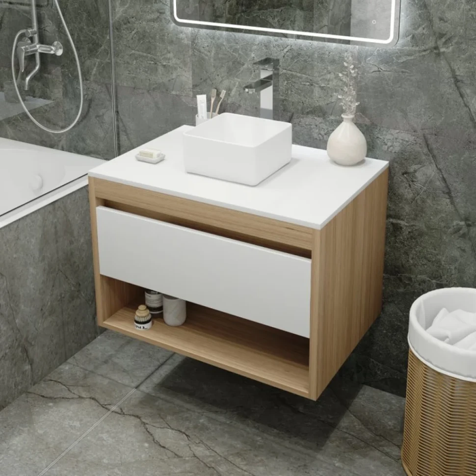 Тумба с раковиной Teymi Ritta 75 дуб эврика, матовая белая, раковина Helmi Mini 24