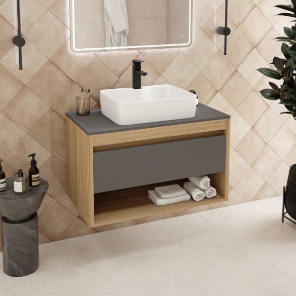 Тумба с раковиной Teymi Ritta 85 дуб эврика, матовый графит, раковина Helmi S 48