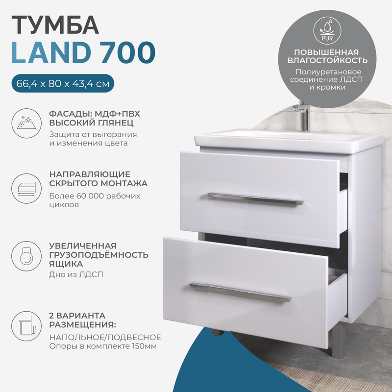 Тумба с раковиной Vigo Land 70 напольная, белая, раковина Como 70