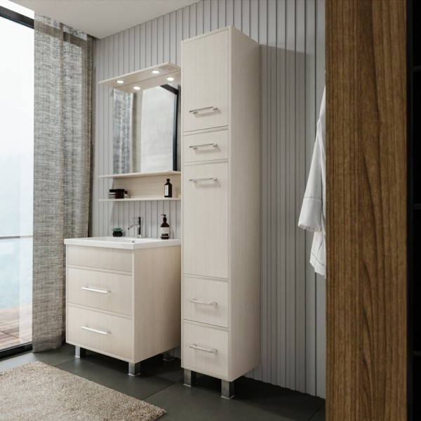 Шкаф пенал для ванной Бриклаер Чили светлая лиственница С, с бельевой корзиной