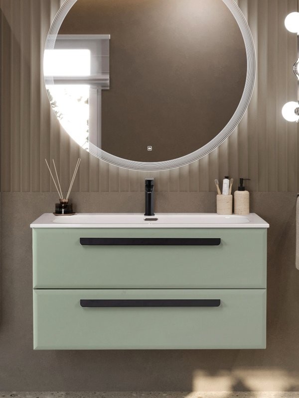 Тумба с раковиной Cezares Eco-Cer-N 100 светло-зеленая матовая, раковина CZR-8073-100, ручки матовые черные