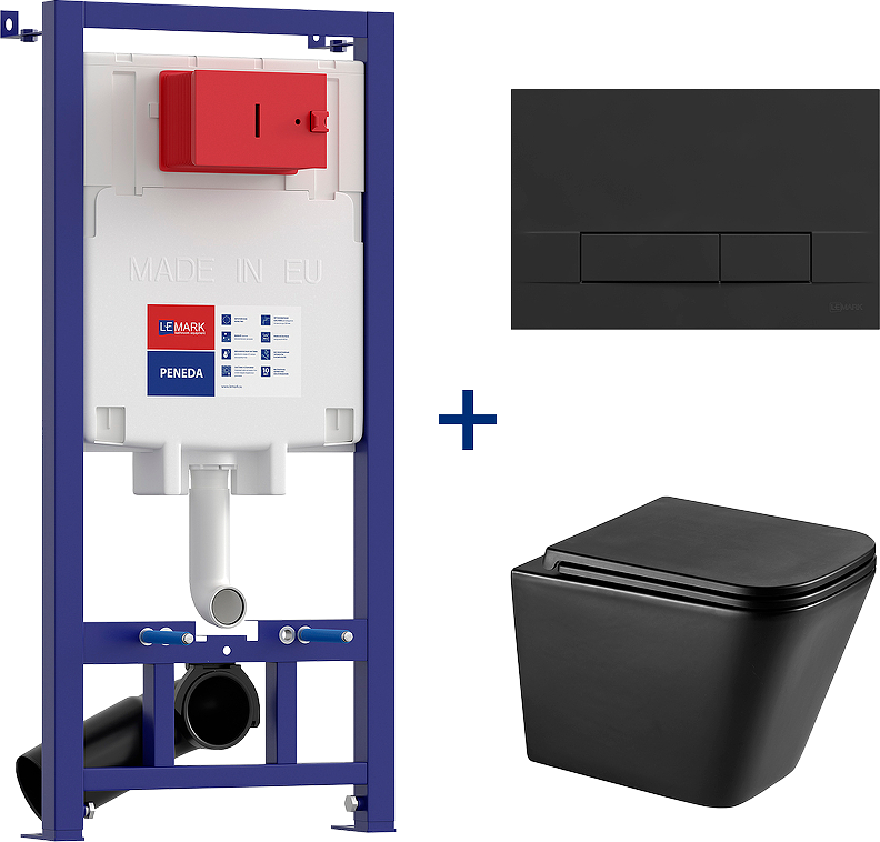 Комплект Lemark Florex 100802234 безободковый, с микролифтом, кнопка смыва матовая черная soft touch