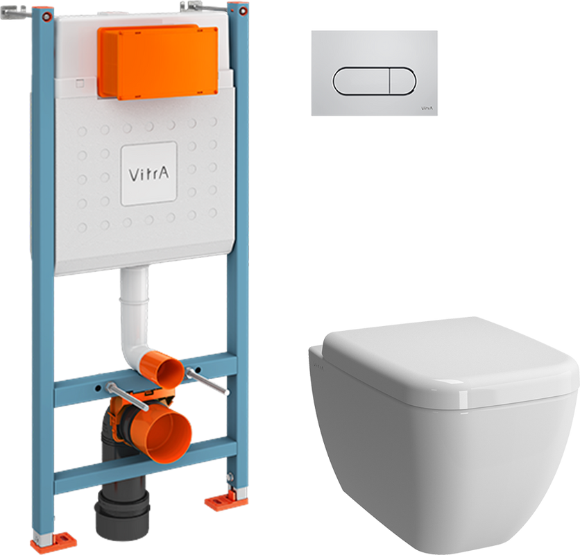 Комплект Унитаз подвесной VitrA Shift 7742B003-0075 белый глянцевый + Крышка 91-003-009 с микролифтом, петли хром + Инсталляция V-Fix Core 732-5800-01 с кнопкой смыва Root R 740-2280 хром