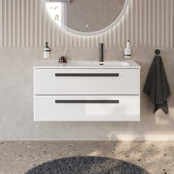 Тумба с раковиной Cezares Eco Cer-N 100 R bianco lucido, раковина Duet 100 R, ручки матовые черные