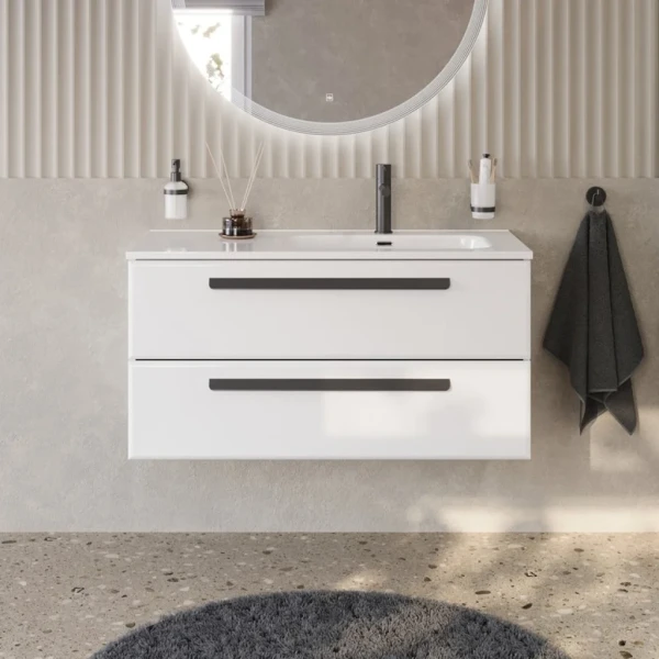 Тумба с раковиной Cezares Eco Cer-N 100 R bianco lucido, раковина Duet 100 R, ручки матовые черные