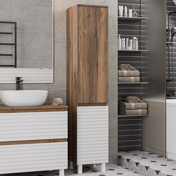 Шкаф пенал для ванной Brevita Dakota R дуб галифакс олово, белый