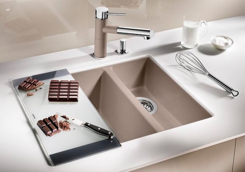 Комплект Мойка Blanco Subline 340/160-U серый беж, левая + Измельчитель Franke