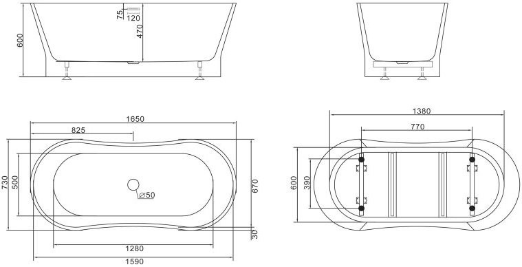 Акриловая ванна BelBagno BB406-1650-730 165x70 см, отдельностоящая, белая, овальная, на ножках, со сливом-переливом