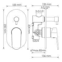 Душевой комплект Смеситель Wasserkraft Donau 5341, С ВНУТРЕННЕЙ ЧАСТЬЮ + Гарнитур + Подключение A134 + Излив Lemark LM7881C, для ванны
