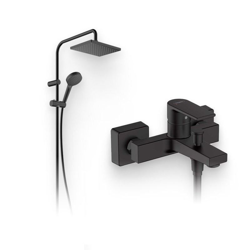 Душевой комплект Смеситель Hansgrohe Vernis Shape 71450670 черный + Стойка 26289670 Showerpipe 230 1jet Reno EcoSmart, черный