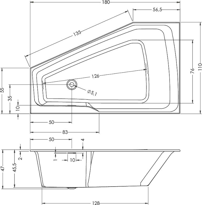 Акриловая ванна Riho Rething Space R 180x110 см, угловая, правая, встраиваемая, цвет европейский белый, пятиугольная, на ножках, со сливом-переливом