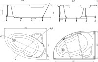 Акриловая ванна Roca Luna R 170x115 см, угловая, правая, пристенная, белая, асимметричная, с каркасом, со сливом-переливом