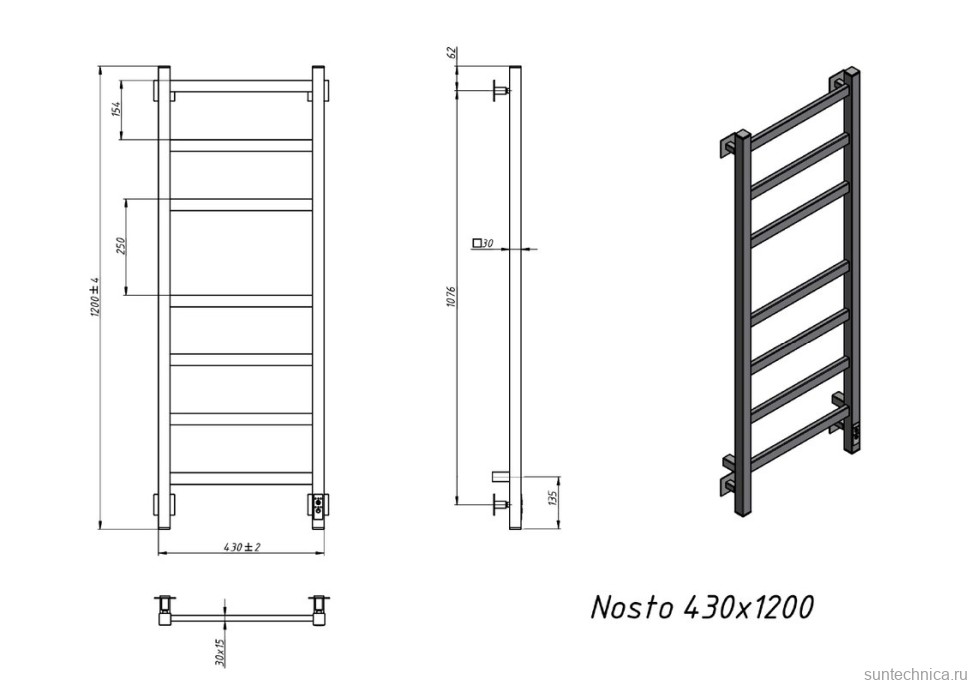 Полотенцесушитель электрический Grota Nosto 430х1200 RAL9005 EL 120x45 см, подключение справа, слева, скрытое подключение справа, матовый черный, лесенка, из стали