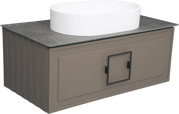 Тумба с раковиной La Fenice Cubo 90 подвесная, cappuccino, ручка черная, столешница черный мрамор, раковина белая матовая