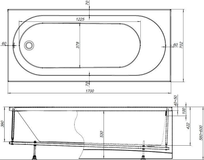 Акриловая ванна Aquanet Lotos 334159 170x70 см, пристенная, белая, с каркасом