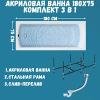 Комплект Акриловая ванна 1MarKa Modern Стандарт 2+ 180x75 см, пристенная, белая, со сливом-переливом