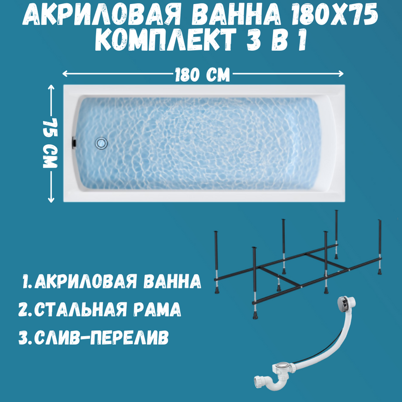 Комплект Акриловая ванна 1MarKa Modern Стандарт 2+ 180x75 см, пристенная, белая, со сливом-переливом