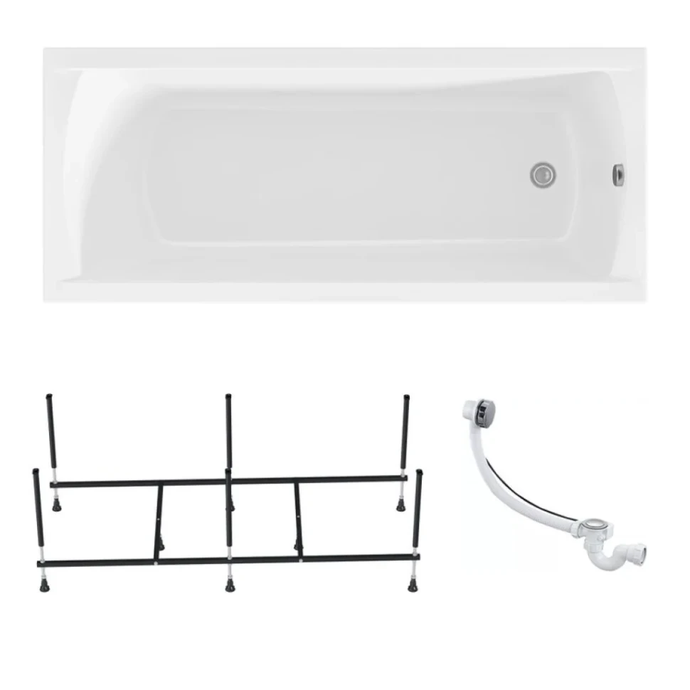 Комплект Акриловая ванна 1MarKa Modern Стандарт 2+ 180x75 см, пристенная, белая, со сливом-переливом