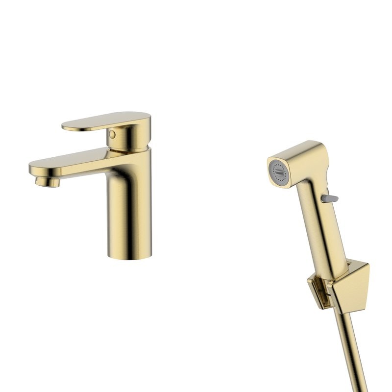 Смеситель для раковины AQUATEK Ника AQ1812BG с гигиеническим душем, золото шлифованное