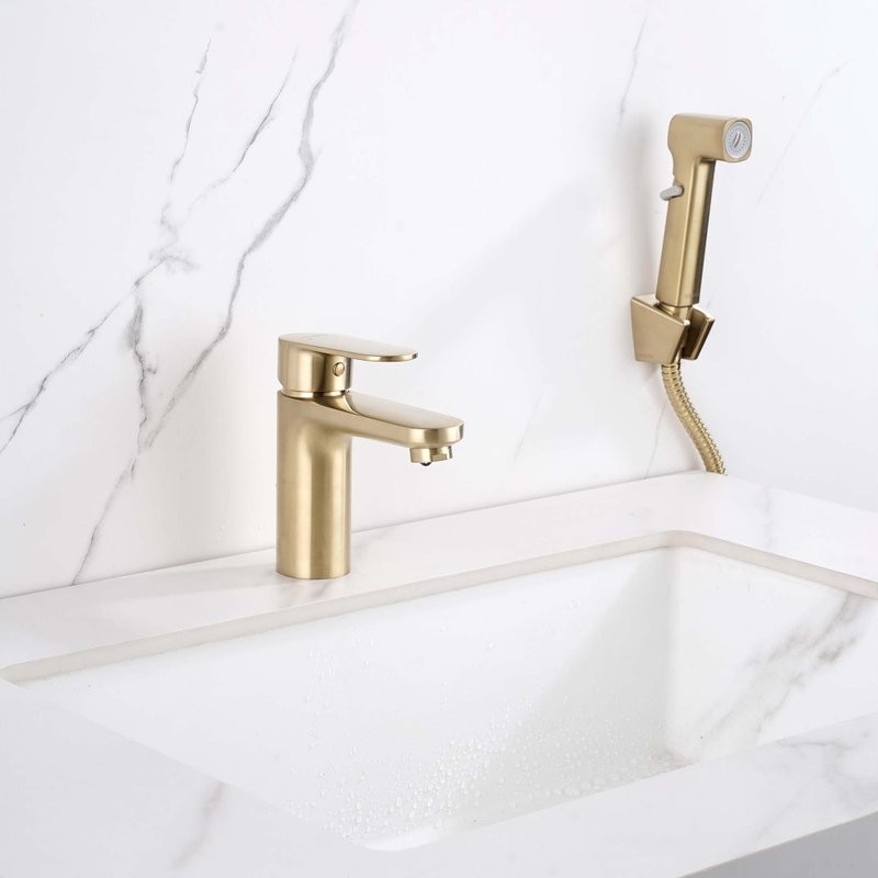 Смеситель для раковины AQUATEK Ника AQ1812BG с гигиеническим душем, золото шлифованное