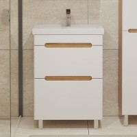 Тумба с раковиной SanStar Diva 50 напольная, матовая белая, дуб вотан, раковина Фостер 50