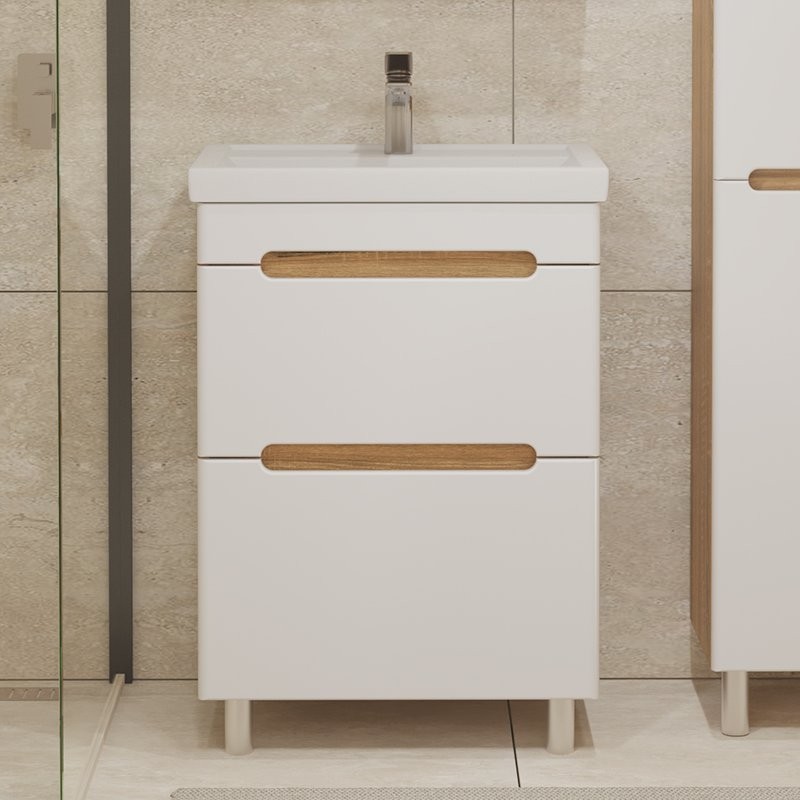 Тумба с раковиной SanStar Diva 50 напольная, матовая белая, дуб вотан, раковина Фостер 50