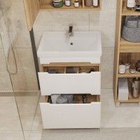 Тумба с раковиной SanStar Diva 50 напольная, матовая белая, дуб вотан, раковина Фостер 50