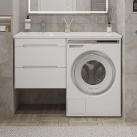 Тумба с раковиной SanStar Толедо 110 L подвесная, под стиральную машину, глянцевая белая, раковина Даллас 110