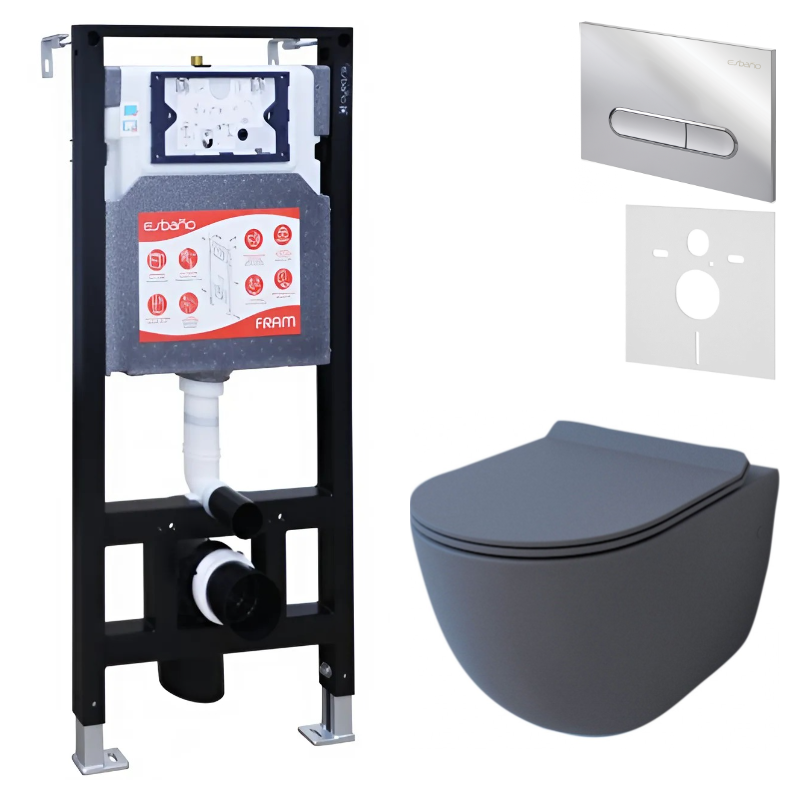 Комплект Унитаз подвесной Esbano Garcia ESUPGARCGM матовый серый + Инсталляция Fram + Кнопка ESINOVL17SC