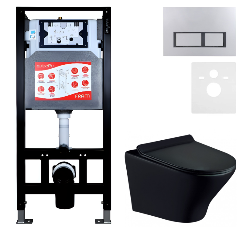 Комплект Унитаз подвесной Esbano Aster ESUPASTEBM матовый черный + Инсталляция Fram + Кнопка ESINPRK12MC