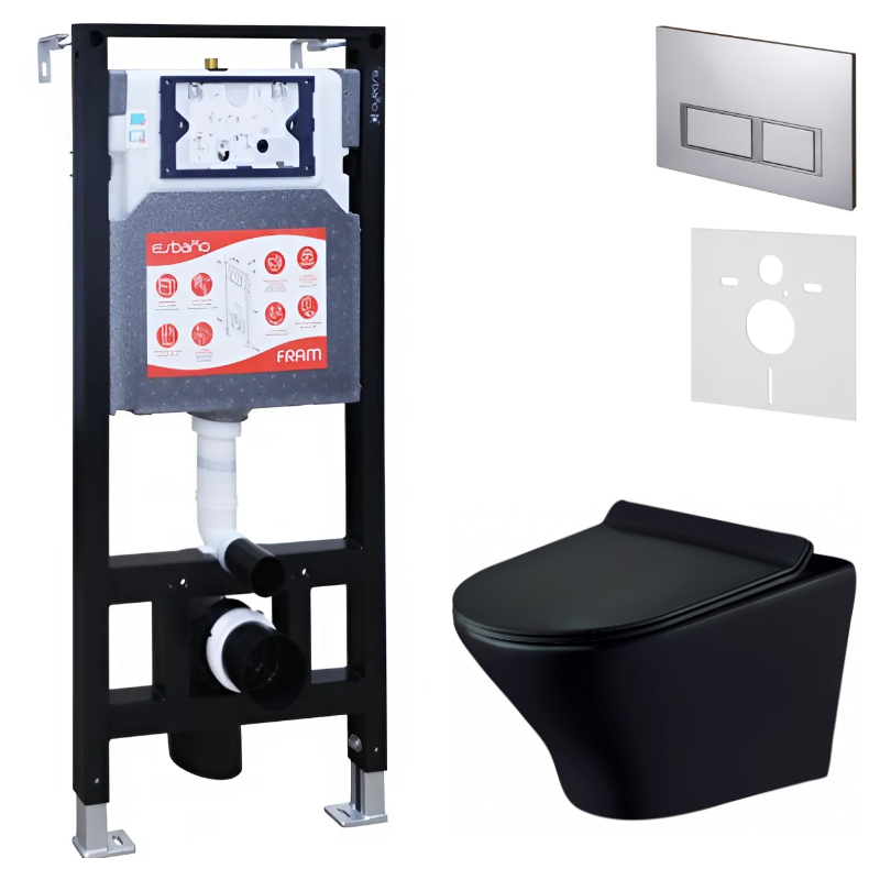 Комплект Унитаз подвесной Esbano Aster ESUPASTEBM матовый черный + Инсталляция Fram + Кнопка ESINPRK12MC