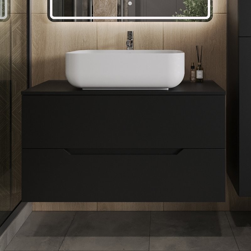 Тумба с раковиной Orange Line 100 подвесная, 2 ящика, матовая черная с раковиной B03-600W