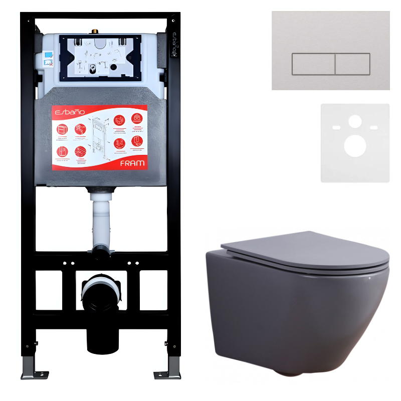 Комплект 3 в 1 Унитаз подвесной Esbano Azalea ESUPAZALGM + Инсталляция Fram + Кнопка ESINMTP21ST цвет сатин