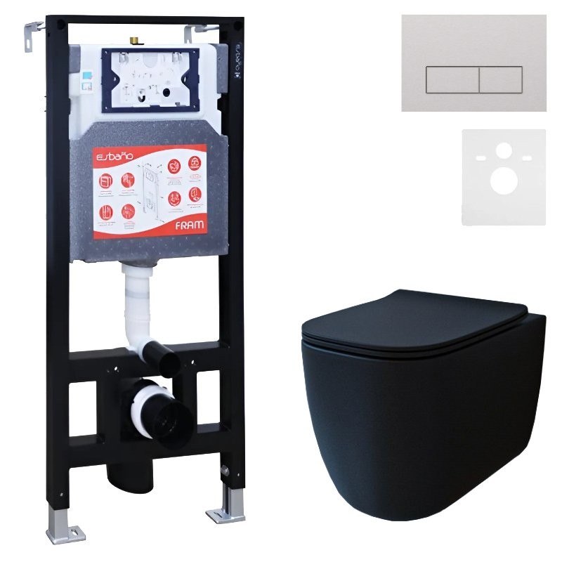 Комплект 3 в 1 Унитаз подвесной Esbano ESUPGARABM + Инсталляция Fram + Кнопка ESINMTK60ST цвет сатин