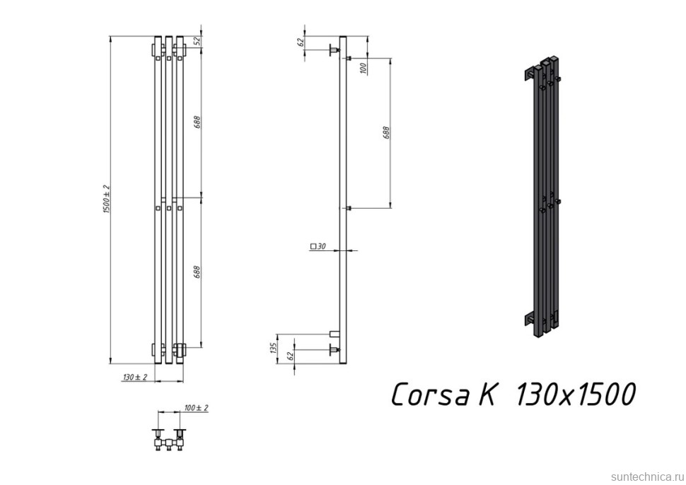 Полотенцесушитель электрический Grota Corsa K NM EL 13х150, с крючками, матовый хром