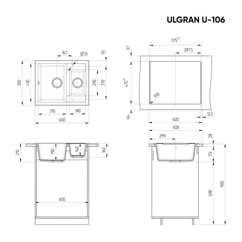 Мойка кухонная Ulgran U-106 343 антрацит + дозатор U-02 антрацит