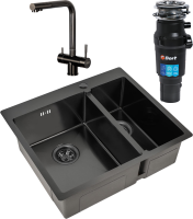 Комплект Мойка Zorg Inox PVD 59-2-51-L GRAFIT L, графит + Смеситель Inox SZR-7039 GRAFIT графит + Измельчитель Bort Titan 7000