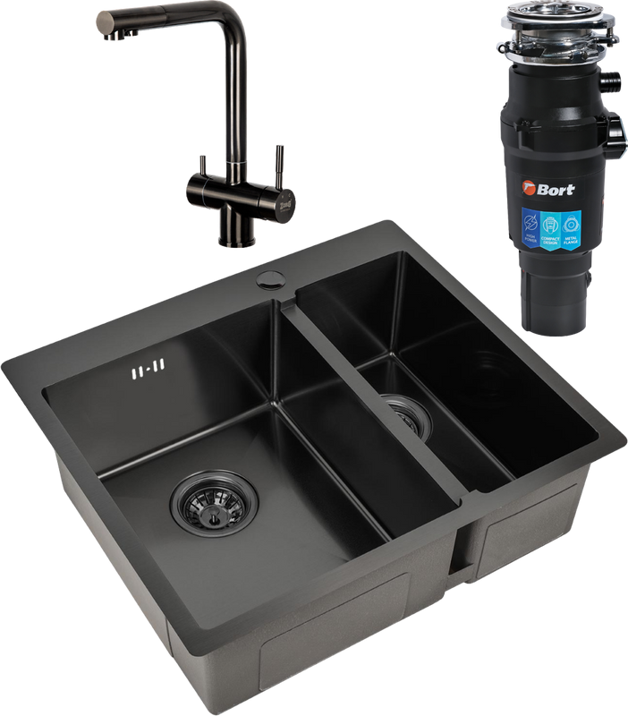Комплект Мойка Zorg Inox PVD 59-2-51-L GRAFIT L, графит + Смеситель Inox SZR-7039 GRAFIT графит + Измельчитель Bort Titan 7000