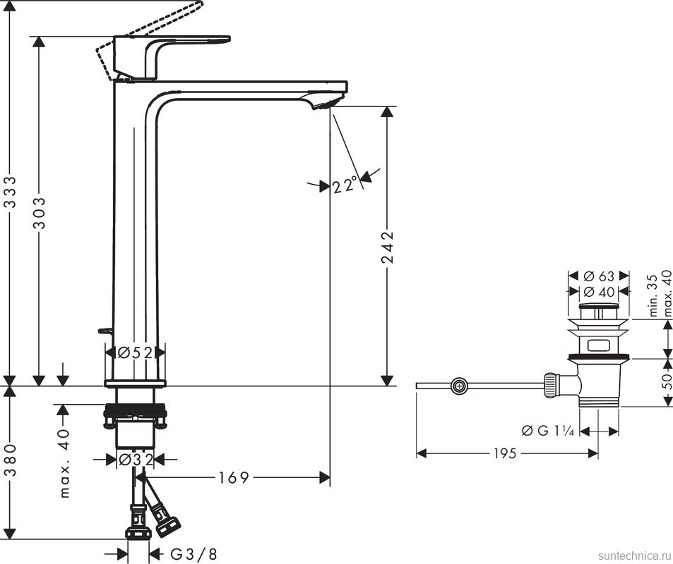 Смеситель для раковины Hansgrohe Rebris S 72580000 с донным клапаном, хром