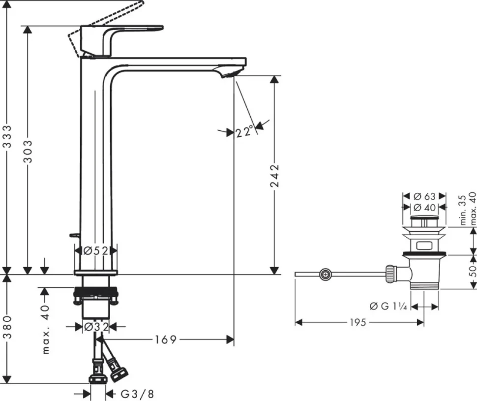 Смеситель для раковины Hansgrohe Rebris S 72580000 с донным клапаном, хром