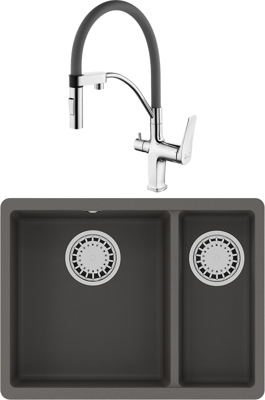 Комплект Мойка Lemark Sinara 550.2-U 9910083 серый шелк + Смеситель Comfort LM3074C-Gray с гибким изливом, хром, серый