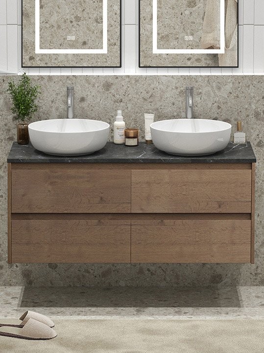 Тумба под раковину со столешницей BelBagno Kraft 120 подвесная,  для двоих, 4 ящика, rrovere tabacco